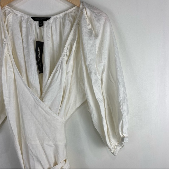 Banana Republic Linen Blend True Wrap Tie‎ Waist Puff Sleeve Mini Dress M (NWT) - Picture 2 of 9
